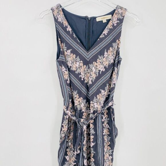 LOFT Size Small Gray Striped Floral V Neck Tie Waist Wide Leg Jumpsuit - Picture 4 of 12